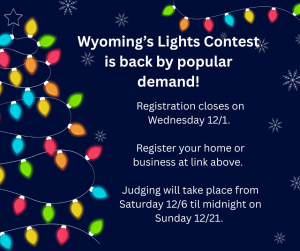 Banner with lights announcing the lights contest with dates and registration link